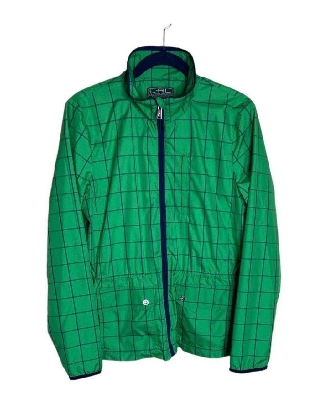 Lauren Ralph Lauren Green Grid Windbreaker Jacket with Navy Trim